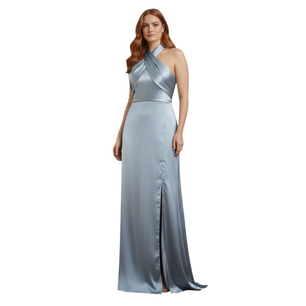 Elegant Blue Satin Halter Dress  Plus Size Prom Brides Maid Wedding Formal 3X